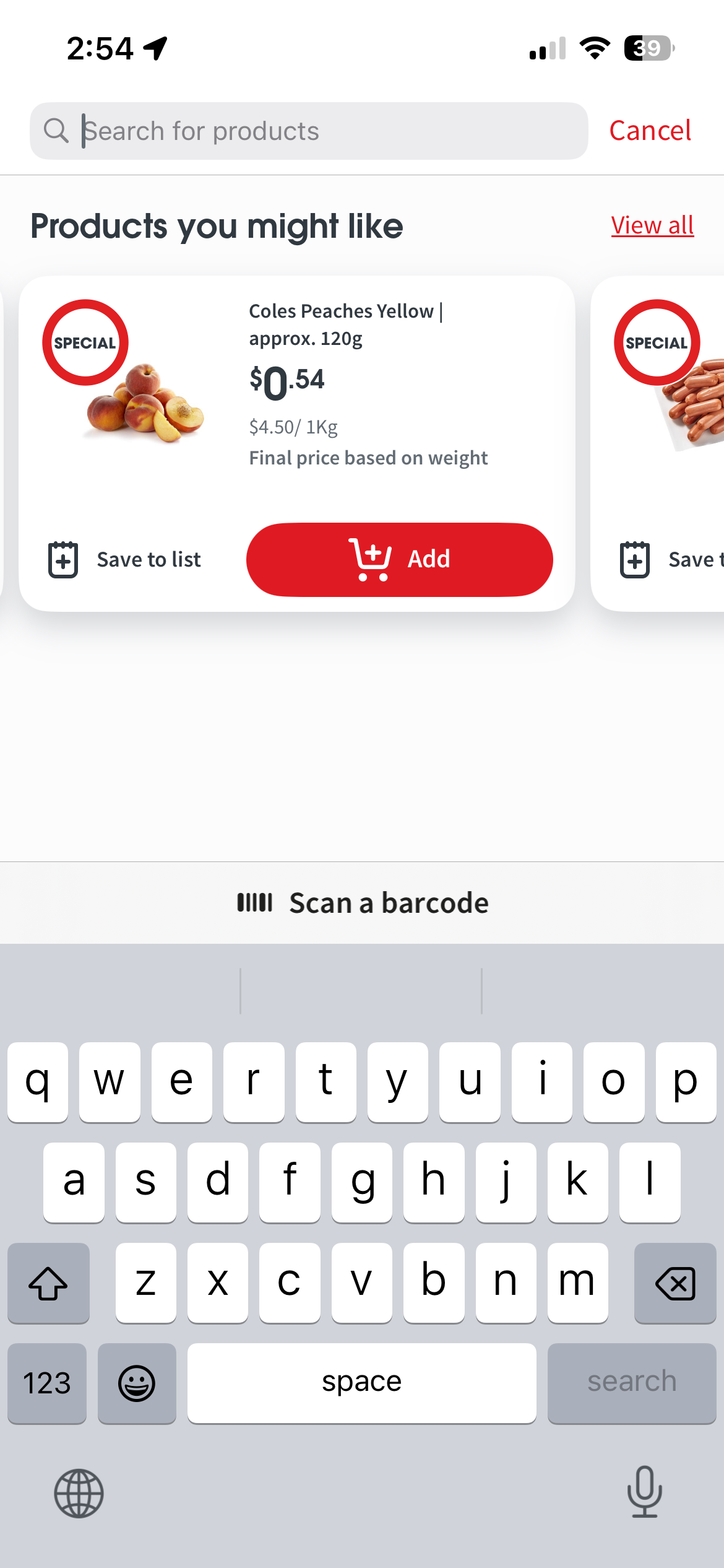 Coles Android app product search and recommendations screen